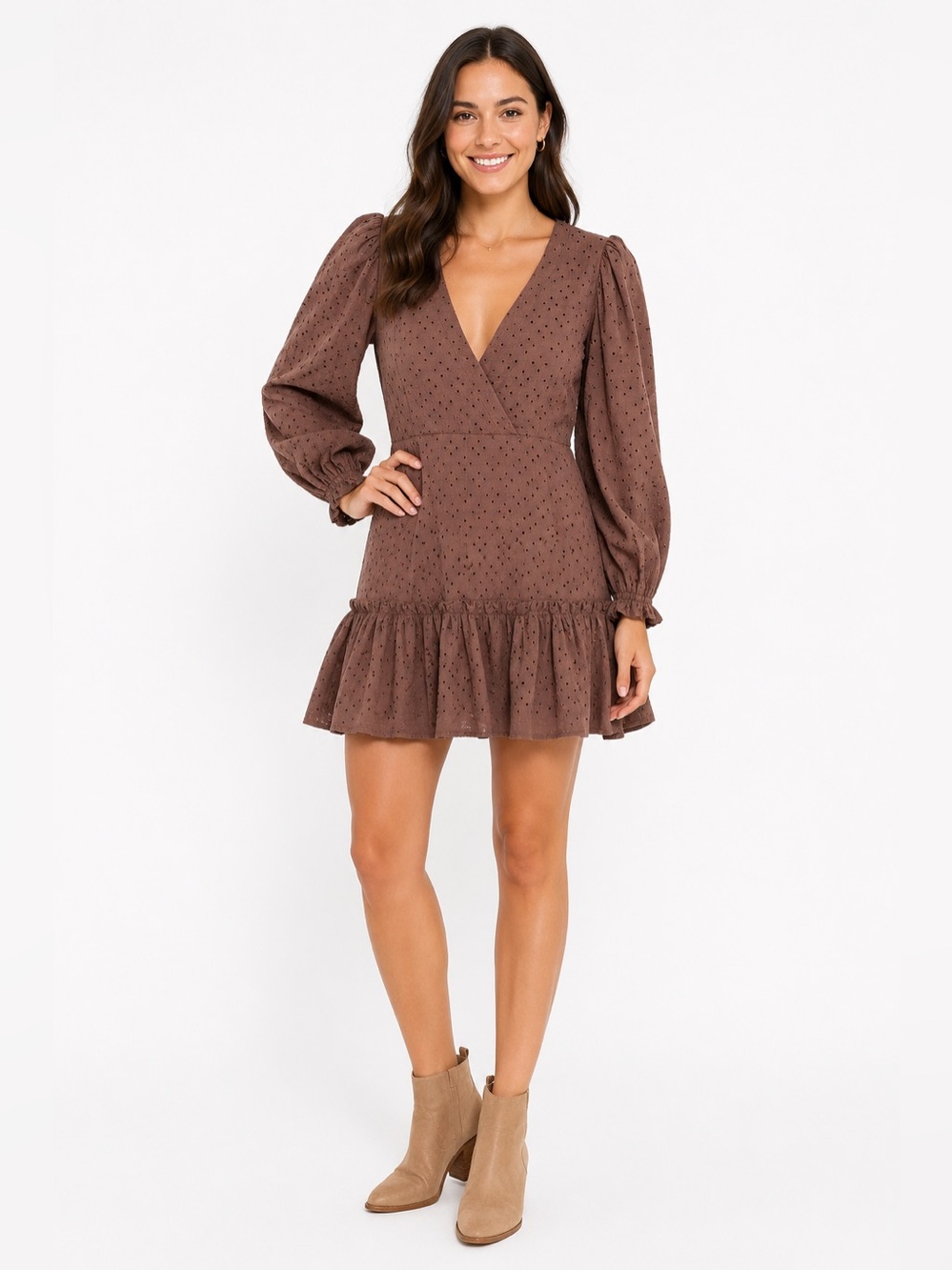 Olivaceous Brown Eyelet Puff Sleeve Ruffle Mini Dress M NWT